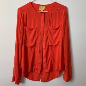 Anthro Maeve Coral Button Up - Back Slit, Oversized Pockets & High-low Hem
